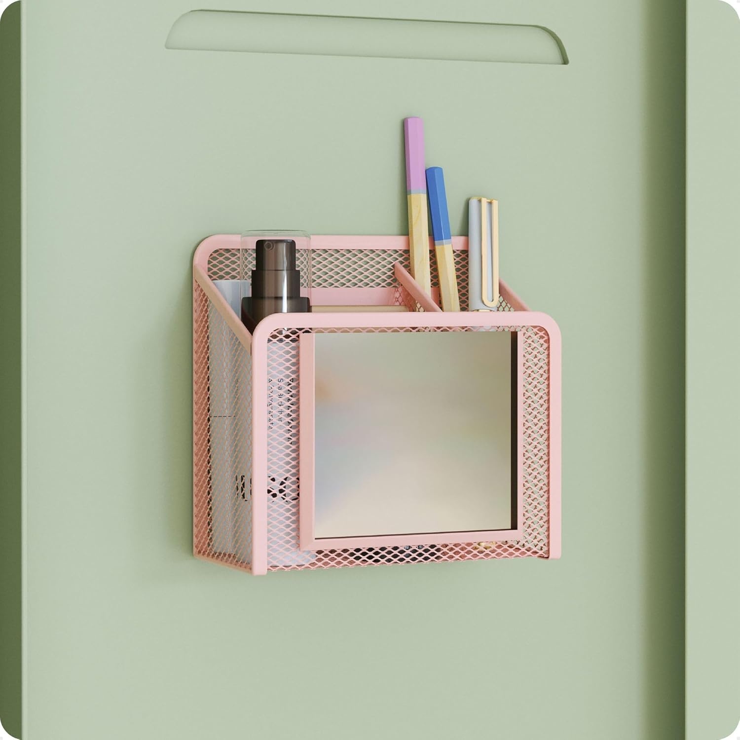 image:imageU Brands White Magnetic Locker Cup with Mirror Locker Mirror with Pencil Holder Magnetic Organizer for School Lockers 5 x 24 x 475Peachy Pink