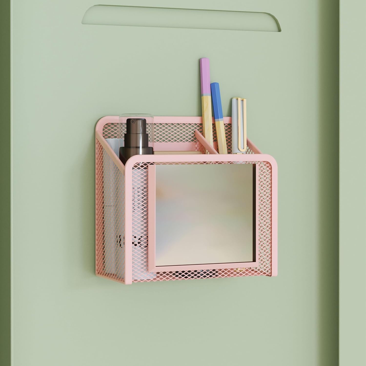 image:imageU Brands White Magnetic Locker Cup with Mirror Locker Mirror with Pencil Holder Magnetic Organizer for School Lockers 5 x 24 x 475Peachy Pink