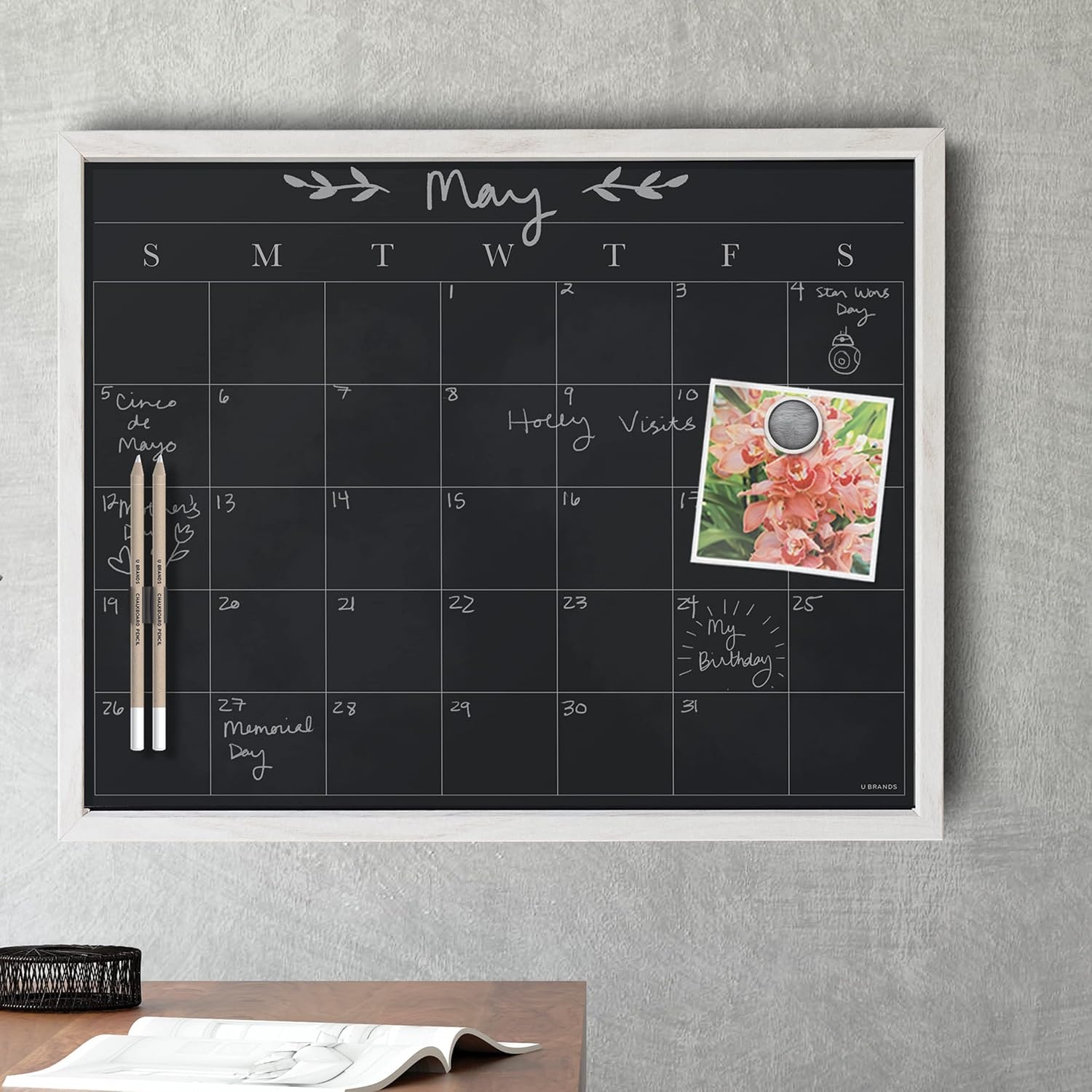 image:imageU Brands White Wash Frame Chalkboard Calendar White Board Set Office Supplies with Magnet Chalk Pencils 16 x 20 4 Pieces