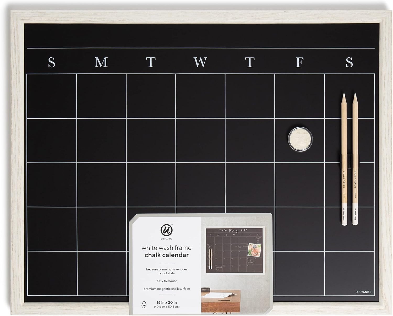 image:imageU Brands White Wash Frame Chalkboard Calendar White Board Set Office Supplies with Magnet Chalk Pencils 16 x 20 4 Pieces