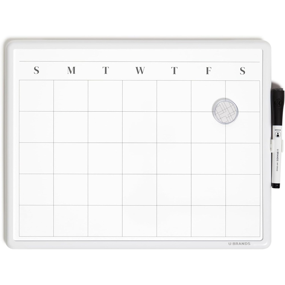 image:imageU Brands 11 x 14 Modern Bevel Dry Erase Calendar Board Wood Grain Print Monthly Planner Includes Magnetic Marker and MagnetWhite