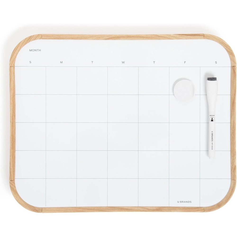 image:imageU Brands 11 x 14 Modern Bevel Dry Erase Calendar Board Wood Grain Print Monthly Planner Includes Magnetic Marker and MagnetWood Grain