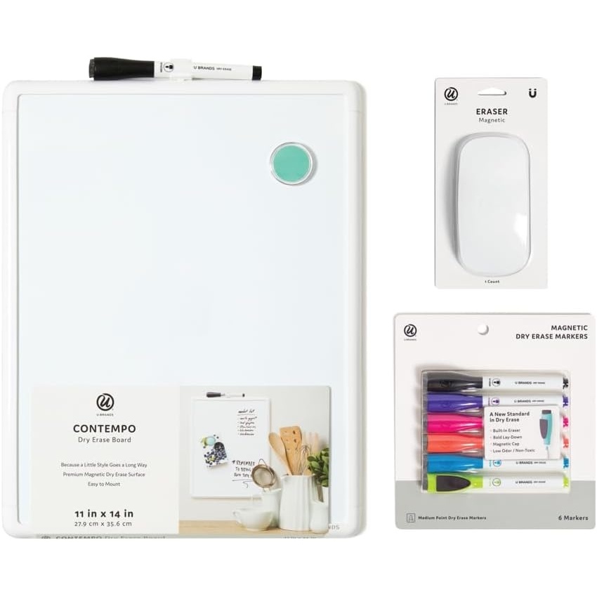 image:imageU Brands Contempo Magnetic Dry Erase Board 11 x 14 Inches White Frame Eraser and 6ct Marker Included