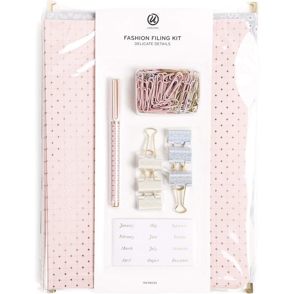 image:imageU Brands Delicate Details Fashion Filing Kit 145 Pieces Includes 4 Hanging Folders 9 File Folders 6 Binder Clips 120 Paper Clips 5 Sheets of File Lables and 1 Felt Tip Pen 4866U0106Fashion Filing Kit