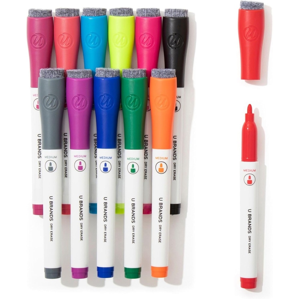 image:imageU Brands Dry Erase Markers Medium Tip Set 4 Pack Black Whiteboard Pens with Medium Point and Built In Eraser Caps Low Odor Ink Dry Erase Markers For Classroom Office Or Home12 Count Bright Colors