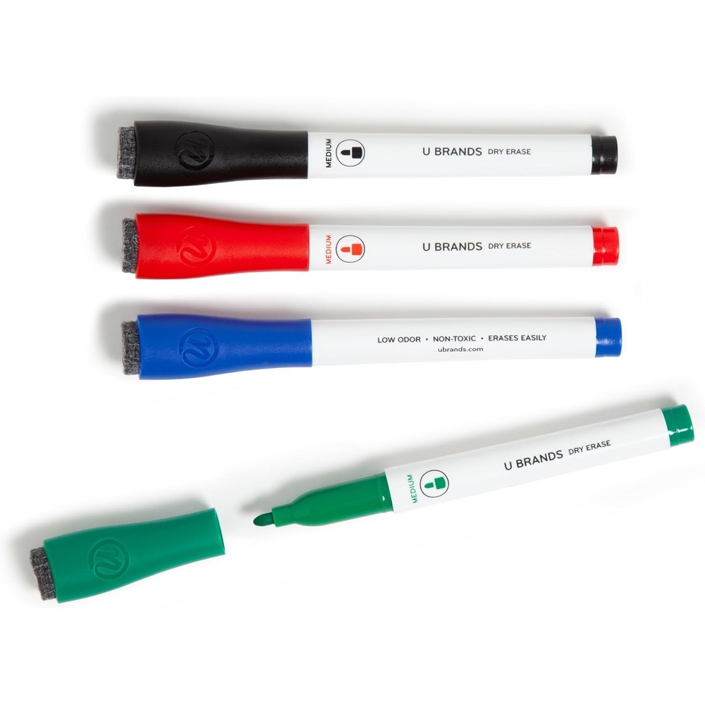 image:imageU Brands Dry Erase Markers Medium Tip Set 4 Pack Black Whiteboard Pens with Medium Point and Built In Eraser Caps Low Odor Ink Dry Erase Markers For Classroom Office Or HomeModern