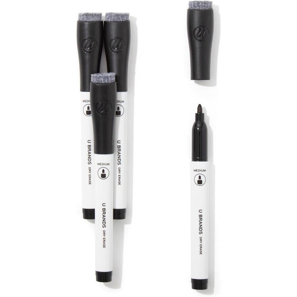 image:imageU Brands Dry Erase Markers Medium Tip Set 4 Pack Black Whiteboard Pens with Medium Point and Built In Eraser Caps Low Odor Ink Dry Erase Markers For Classroom Office Or Home4 Count Black