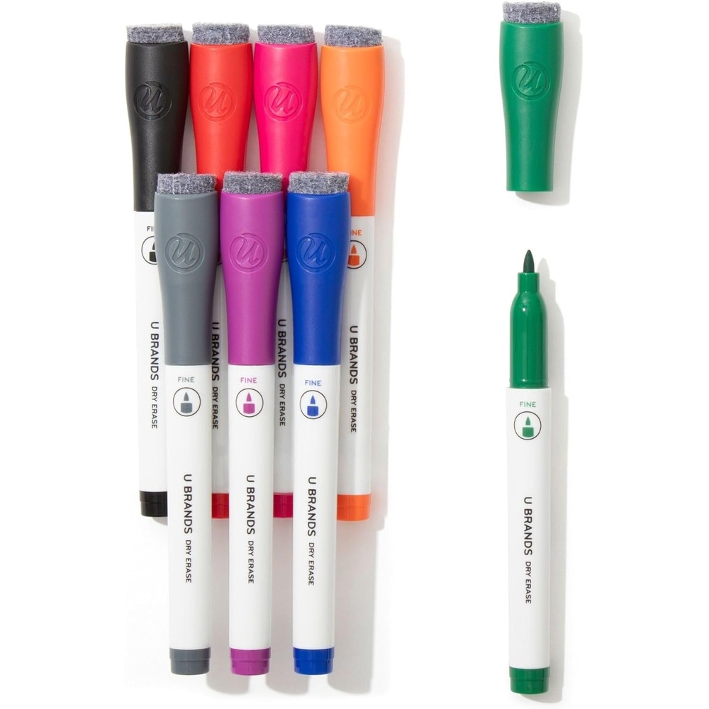 image:imageU Brands Dry Erase Markers Ultra Fine Tip Set 8 Pack Assorted Colors Whiteboard Pens with Fine Point and Built In Eraser Caps Low Odor Ink Dry Erase Markers For Classroom Office Or Home