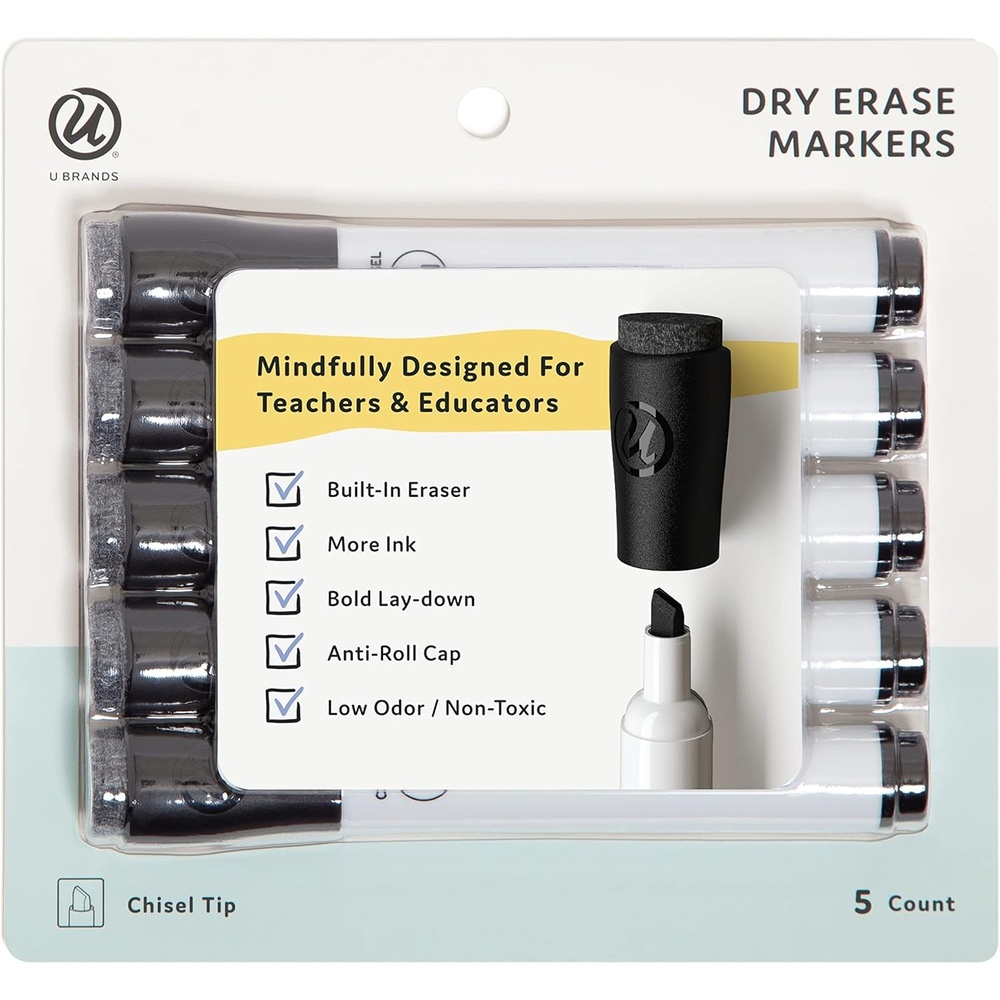 image:imageU Brands Fine Tip Dry Erase Markers with Eraser Whiteboard Markers with Chisel tip Low Odor Black Set of 5