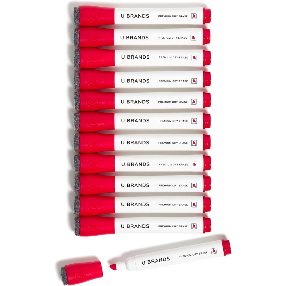 image:imageU Brands Fine Tip Dry Erase Markers with Eraser Whiteboard Markers with Chisel tip Low Odor Red Set of 12