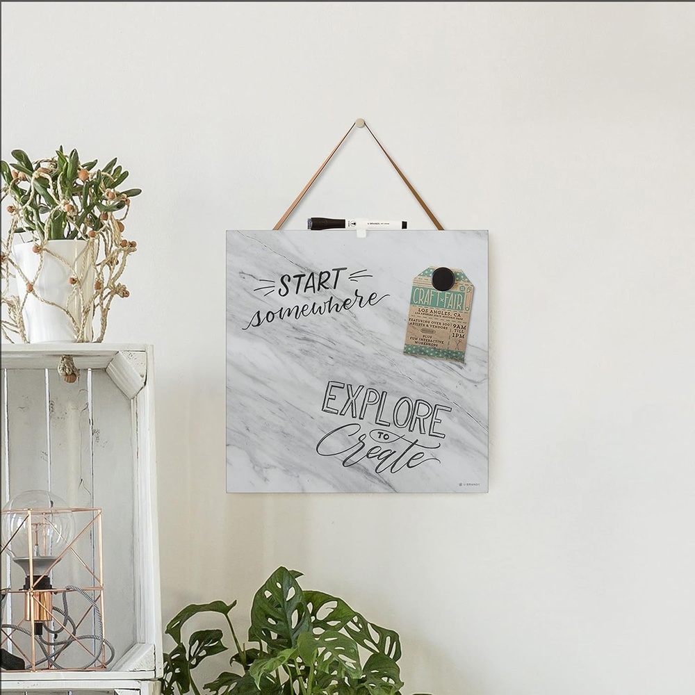 image:imageU Brands Magnetic Calendar Dry Erase White Board Tile with Leather Strap Hanger 14 x 14 1 CountMarble