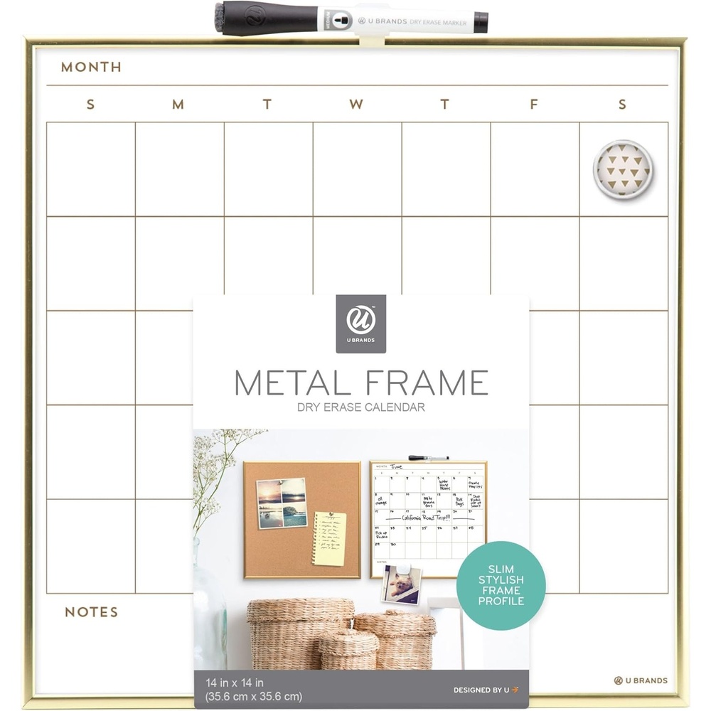 image:imageU Brands Magnetic Dry Erase Calendar White Board Includes Marker and Magnets White Surface with Gold Tone Printing and Frame 14 x 14 1 Count