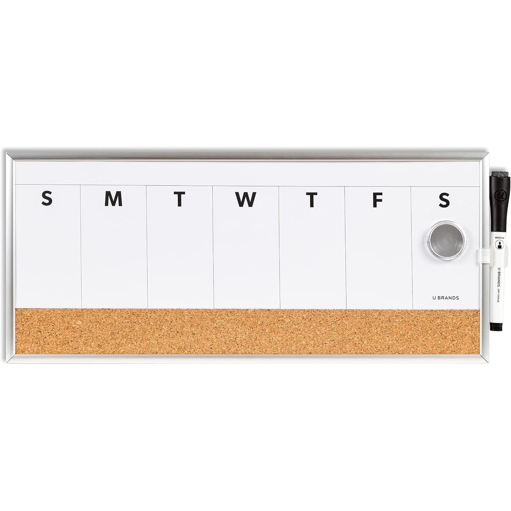 image:imageU Brands Magnetic Dry Erase Weekly Calendar White Board With Cork Strip 18 x 75 Silver Aluminum Frame Includes Magnet Marker17W x 7H