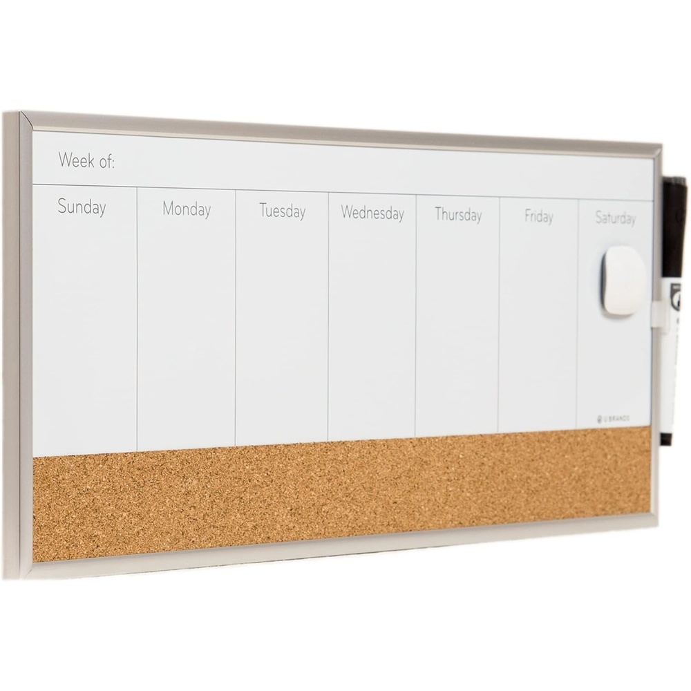 image:imageU Brands Magnetic Dry Erase Weekly Calendar White Board With Cork Strip 18 x 75 Silver Aluminum Frame Includes Magnet Marker18W x 75H