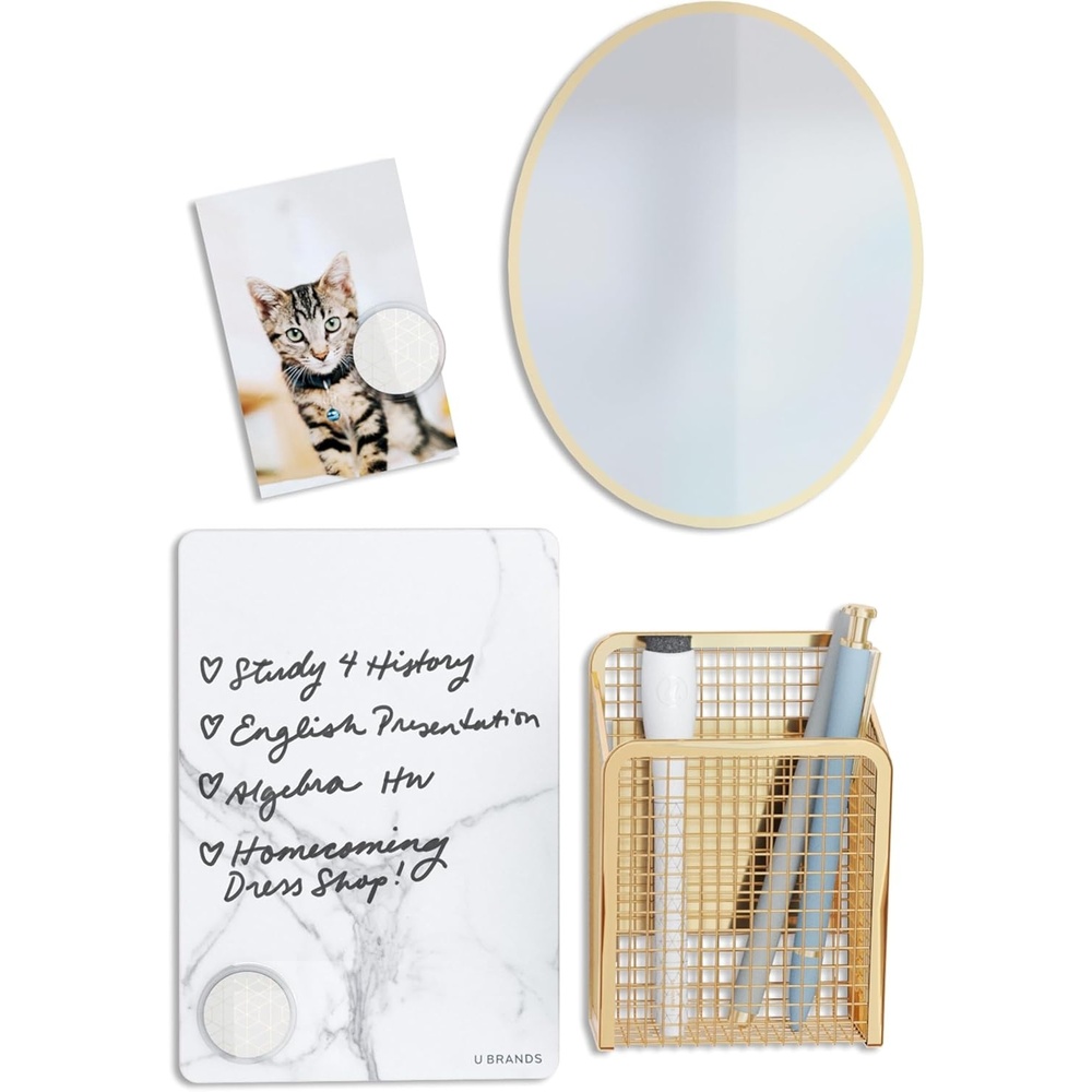 image:imageU Brands Magnetic Locker Accessories and Decorating Kit Back to School Essentials Mirror Markerboard Gold Magnetic Cup Marble Magnets and Dry Erase MarkerGold and Marble