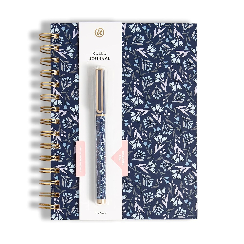 image:imageU Brands Navy Floral Spiral Bound Journal and Pen Set GoldTone Hardware 2 Pieces