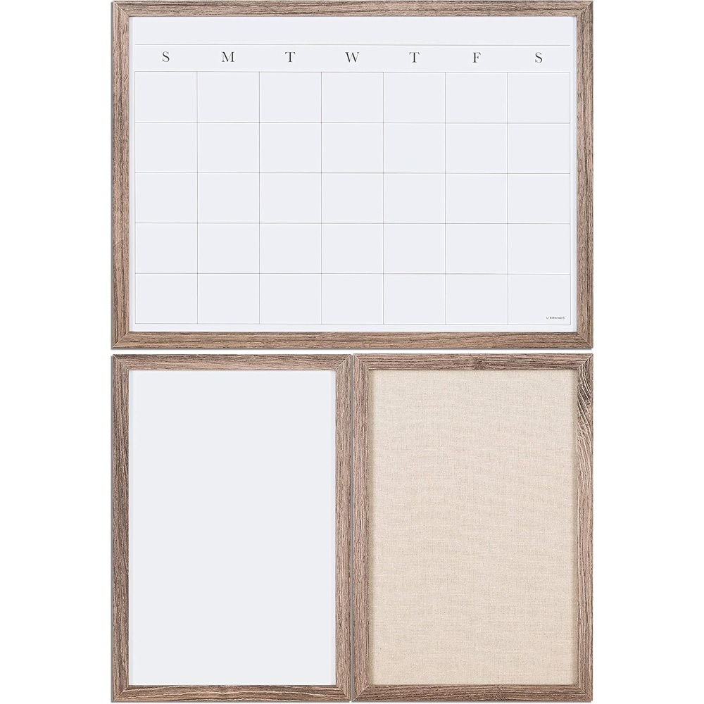 image:imageU Brands Organization Center Kit Rustic Wood Frame Includes Magnetic Dry Erase Calendar Magnetic Whiteboard Linen Bulletin Board Along with 6 Pins 4 Markers and 4 Magnets 4835U0001