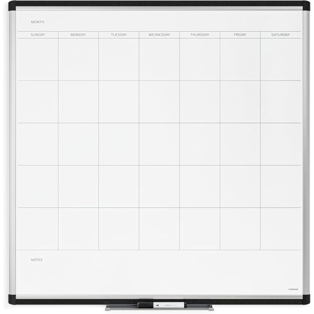 image:imageU Brands PINIT Magnetic Dry Erase Monthly Calendar White Board with Cork Pin Strips Across The Top and Bottom 36 x 24 Inches Silver Aluminum Frame35W x 35H