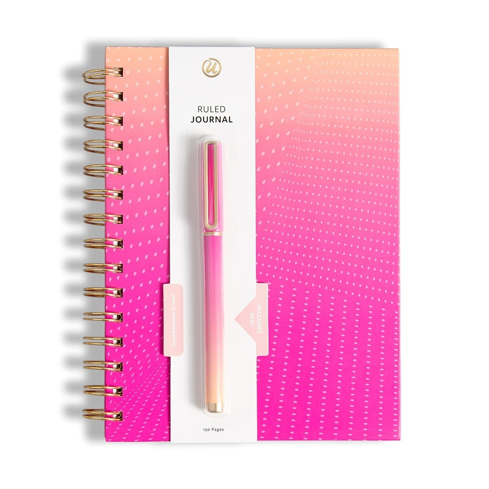 image:imageU Brands PinkOrange Ombre Spiral Bound Journal and Pen Set Goldtone Hardware 2 Pieces