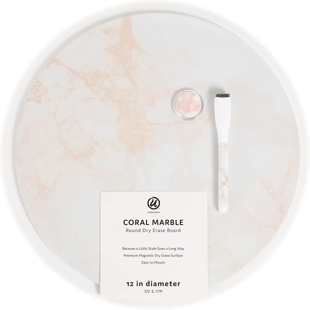 image:imageU Brands Round Magnetic Marble Print Dry Erase Board White Board 12 Diameter Frameless Includes Magnet and MarkerCoral Marble