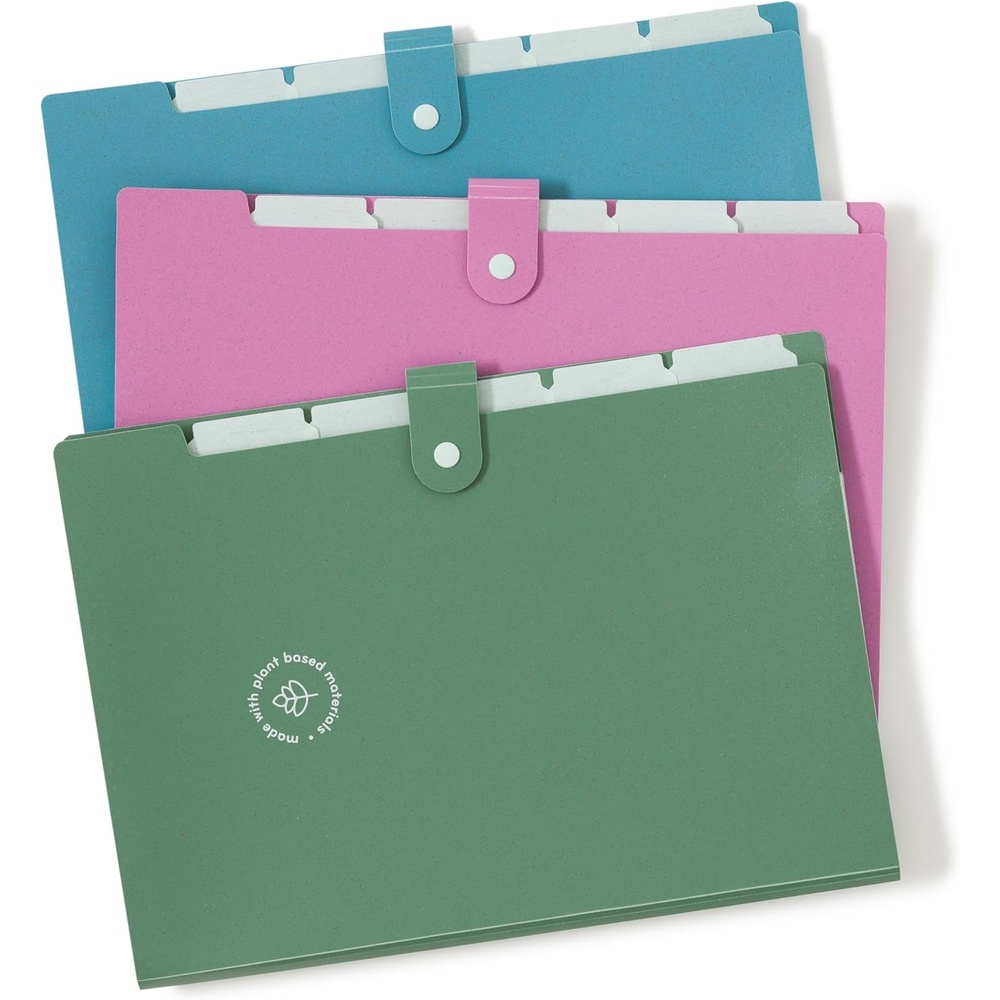 image:imageU Brands UEco 6 Pocket Poly Expandable Folder Set of 3 Assorted Brights Snap Button Closure Letter Size 6592U0112