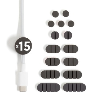 U Brands Black Silicone Cable Organizer Clips 15 Pack, Cord Management Clips in Assorted Colors, Adhesive Cable Holders for Desk, Office, and Travel Organization(Soft Touch Matte Black)