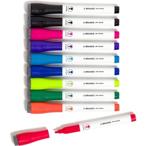 U Brands Fine Tip Dry Erase Markers with Eraser, Low Odor Whiteboard Markers Fine Tip, Assorted Bright Colors, Set of 10