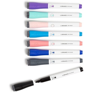 U Brands Fine Tip Dry Erase Markers with Eraser, Low Odor Whiteboard Markers Fine Tip, Assorted Bright Colors, Set of 8