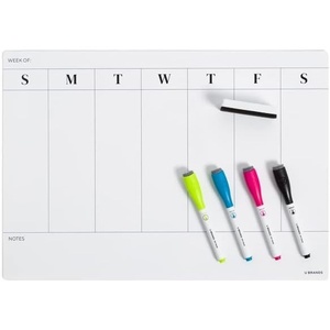 U Brands Magnetic Vinyl Weekly Dry Erase Calendar White Board, Office Supplies, with Eraser and Markers, 12” x 17”