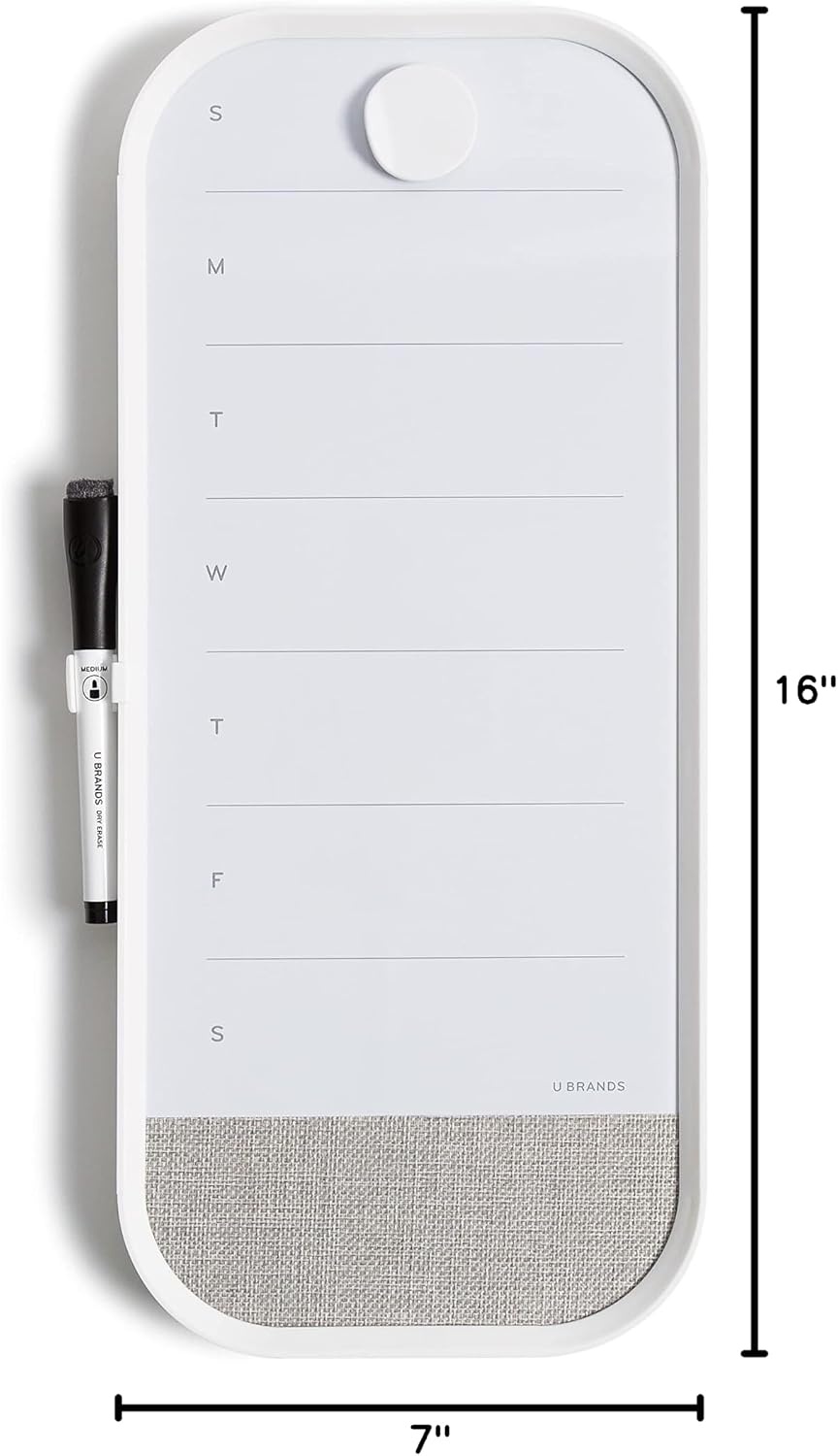 image:imageU Brands Modern Bevel Magnetic Dry Erase Calendar White Board with Bulletin Strip 7 x 16 White Frame Includes Magnet MarkerWhite