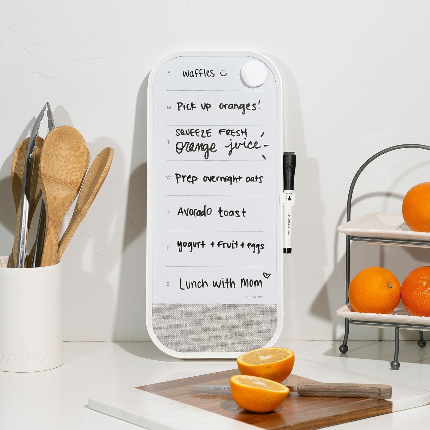 image:imageU Brands Modern Bevel Magnetic Dry Erase Calendar White Board with Bulletin Strip 7 x 16 White Frame Includes Magnet MarkerWhite