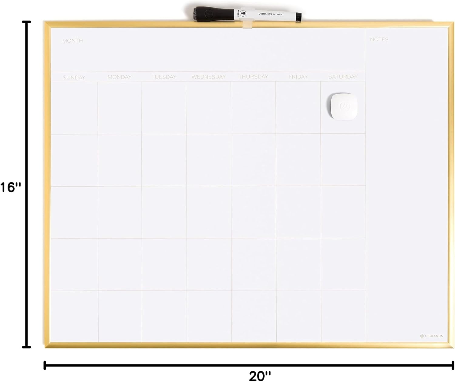 image:imageU Brands Monthly Calendar Magnetic Dry Erase White Board Gold Aluminum Frame 16 x 20 6710U0001Gold